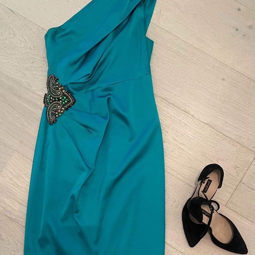 David Meister ~ Green Jeweled One Shoulder Satin Cocktail Dress size 4